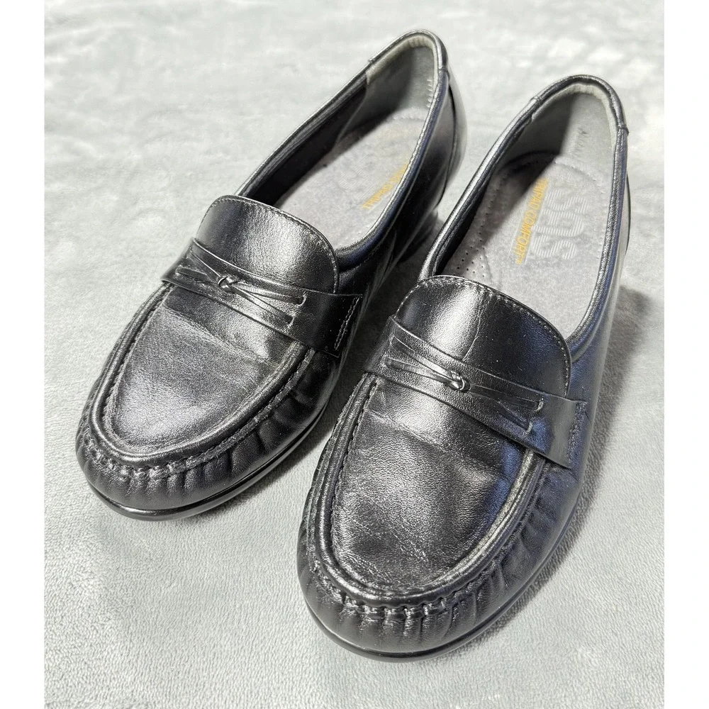 SAS Shoes Womens Size 5.5‎ Black Leather Tripad Comfort Wedge Loafers Slip On